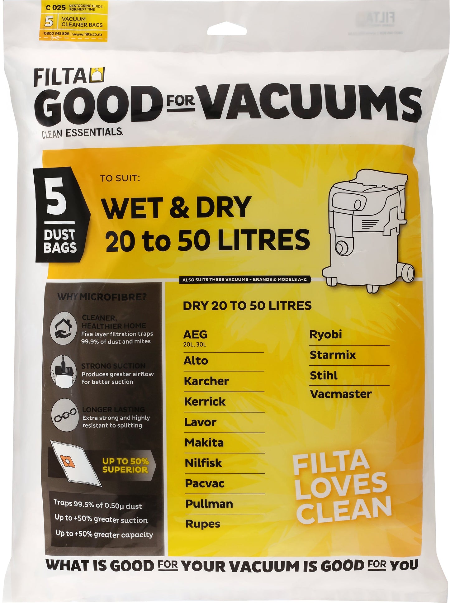 FILTA WET & DRY 50LT SMS MULTI LAYERED VACUUM CLEANER BAGS 5 PACK (C025)
