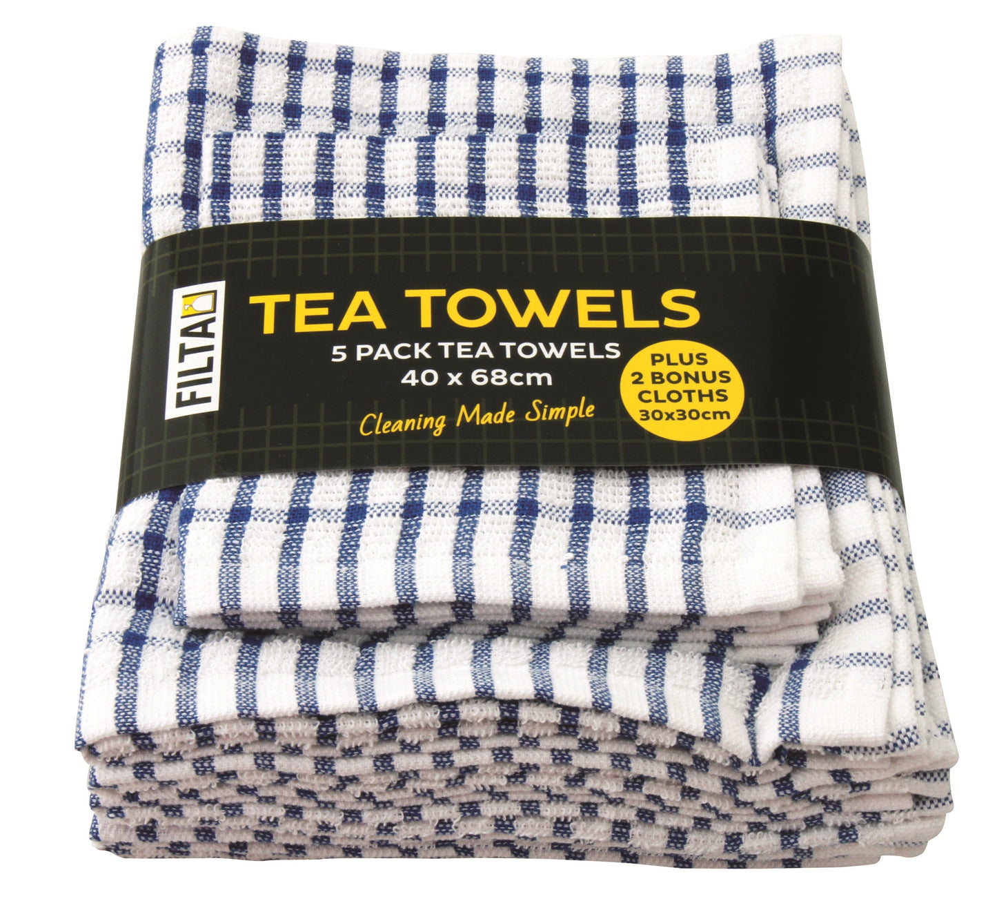 FILTA COTTON TEA TOWELS X 5 (40CM X 68CM) + 2 DISH CLOTHS (30CM X 30CM) BLUE 7PK