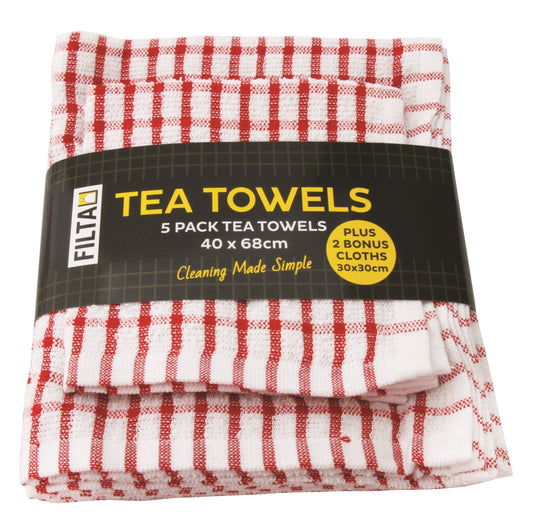 FILTA COTTON TEA TOWELS X 5 (40CM X 68CM) + 2 DISH CLOTHS (30CM X 30CM) RED 7PK