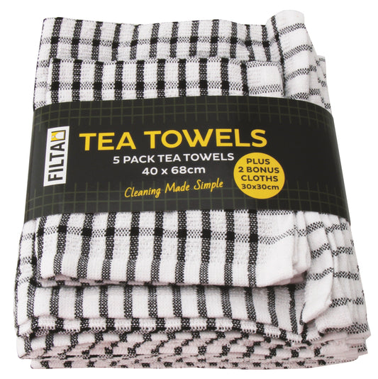 FILTA COTTON TEA TOWELS X 5 (40CM X 68CM) + 2 DISH CLOTHS (30CM X 30CM) BLACK 7PK